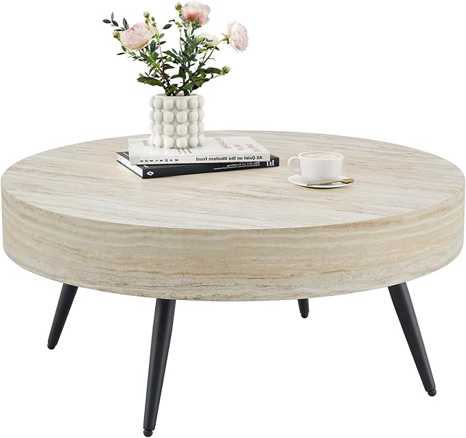 31.5" Modern Round Coffee Table,Small Coffee Tables Center Table with Metal Legs Wood Mars Marble-Patterned Tabletop for Living Room Office Apartment,Easy to Assemble, Wood Mars Marble