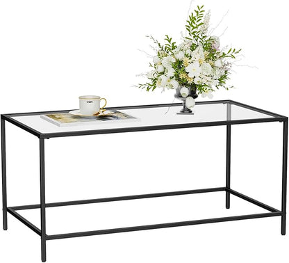 Glass Coffee Table, Modern Rectangular Coffee Table for Living Room, Minimalist Center Tea Table with Sturdy Metal Frame for Apartment, Office, Easy Assembly, 39.4 x 19.7 x 17.7 Inches, Black