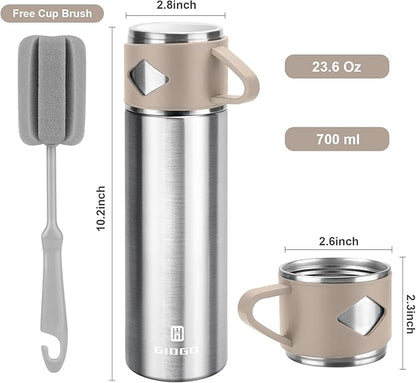 Stainless Steel Thermo 700ml/23.7oz Vacuum Insulated Bottle with Cup for Coffee Hot drink and Cold drink water flask.(Brown,Single)