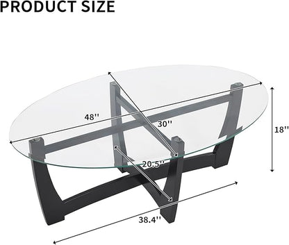 48" Oval Glass Coffee Table with Tempered Glass Top Cross and Solid Wood Base Simple & Modern Center Table for Living Room Office Apartment Black