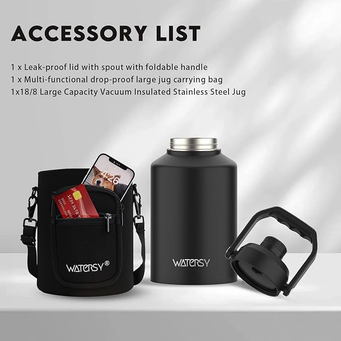 BPA Free & Leak Proof Insulated Large Stainless Steel Water Bottle with Handle (Cold for 48 Hrs), Big Thermo Jug for Gym, Hiking, Camping & Travel, Black, 128oz ( 1 gallon)