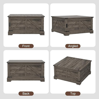 Coffee Table with Storage, 35.4" W Farmhouse Lift Top Wood Square Center Table with Charging Station, Rustic Cocktail Tables with Flip Top Lids for Living Room, Home Office, Grey
