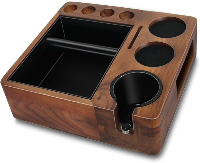 Espresso tamping station and knock box,Wooden portafilter holder,Espresso organizer station box,Tamping station fit for storage 51/54/58mm coffee accessories,Multifunctional espresso station
