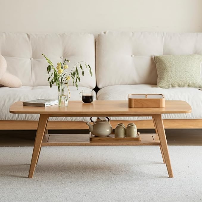 100% Solid Wood Coffee Table for Living Room, 47.24" Mid Century Modern Tables with Shelf Storage, 2-Tier Coffee Table with Rounded Corners (Oak Wood Log Color, 47.24" L)