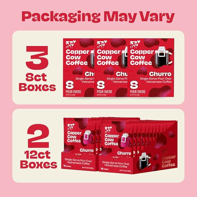 Copper Cow Premium Pour Over Single-Serve Vietnamese Coffee | Churro | Dark Roast | Flavored with Real Cinnamon | Includes 24 Coffees