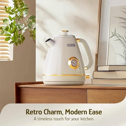 Hazel Quinn Retro Electric Kettle - 1.7 Liters / 57.5 Ounces Tea Kettle with Thermometer, All Stainless Steel, 1200 Watts Fast Boiling, BPA-free, Cordless, Automatic Shut Off - Pearl White