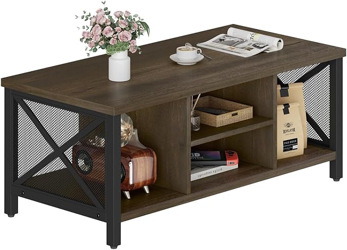 FATORRI Rustic Coffee Table for Living Room, Farmhouse Dark Wood Center Table, Industrial Rectangle Cocktail Tea Tables (Walnut Brown)