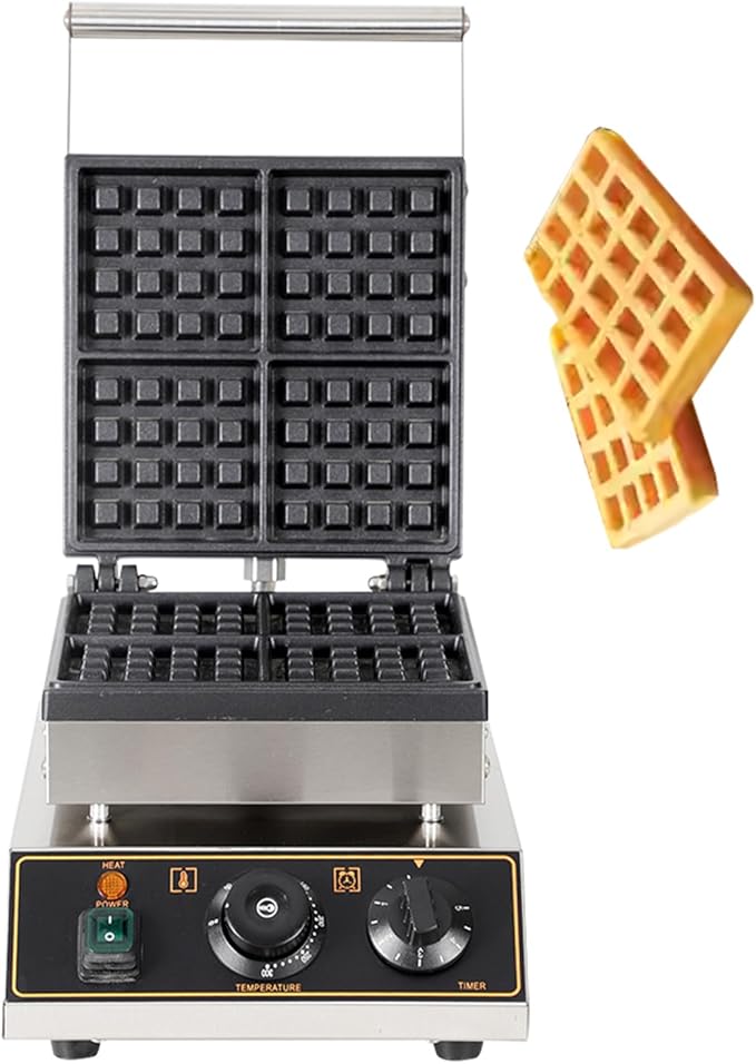 Commercial Square Electric Stainless Steel Waffle Maker Machine 2000W, 4 Slice Nonstick Waffle Maker, Temperature and Time Control, for Restaurant Bakeries Snack Bar Home, 50~300℃