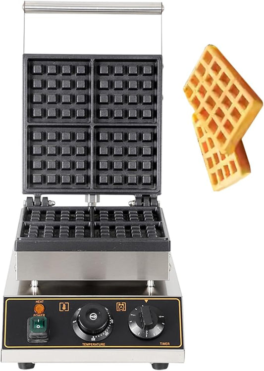 Commercial Square Electric Stainless Steel Waffle Maker Machine 2000W, 4 Slice Nonstick Waffle Maker, Temperature and Time Control, for Restaurant Bakeries Snack Bar Home, 50~300℃