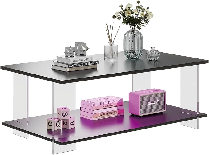 43" Acrylic Coffee Table with Black Wood Top, Minimalist Stylish Modern Rectangular Center Tables for Living Room, Led Living Room Table with Storage Shelf & Acrylic Frame for Small Space
