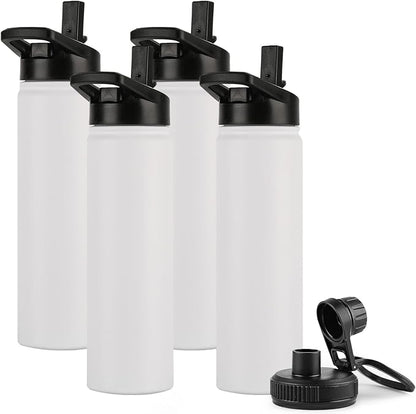 DOMICARE Insulated Water Bottle, 22 oz Vacuum Insulated Stainless Steel Reusable Sports Bottle with Straw Lid & Spout Lid for Travel, Camping, Bike, Leakproof, White, 4 Pack