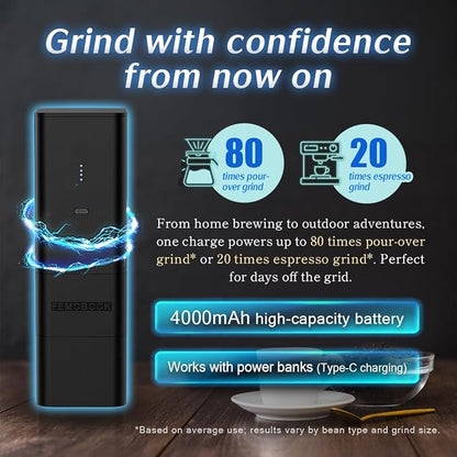 Femobook-A2 Portable Electric Coffee Grinder, Cordless Burr Grinder USB Rechargeable Coffee Grinder Magnetic Grounds Cup for Espresso Pour Over Travel & Home Brewing, Black