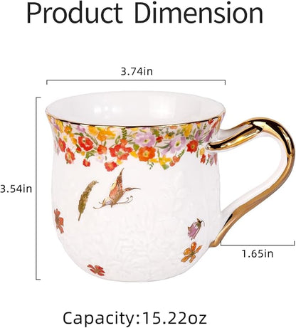 KAMMAK Coffee Mugs Ceramic Espresso Cups 16oz Porcelain Tea Cups Set of 2 Large Cappuccino Mugs with Handle Demitasse Mug for Hot Cocoa, Latte, Breakfast Cereal, Americano (Flower)