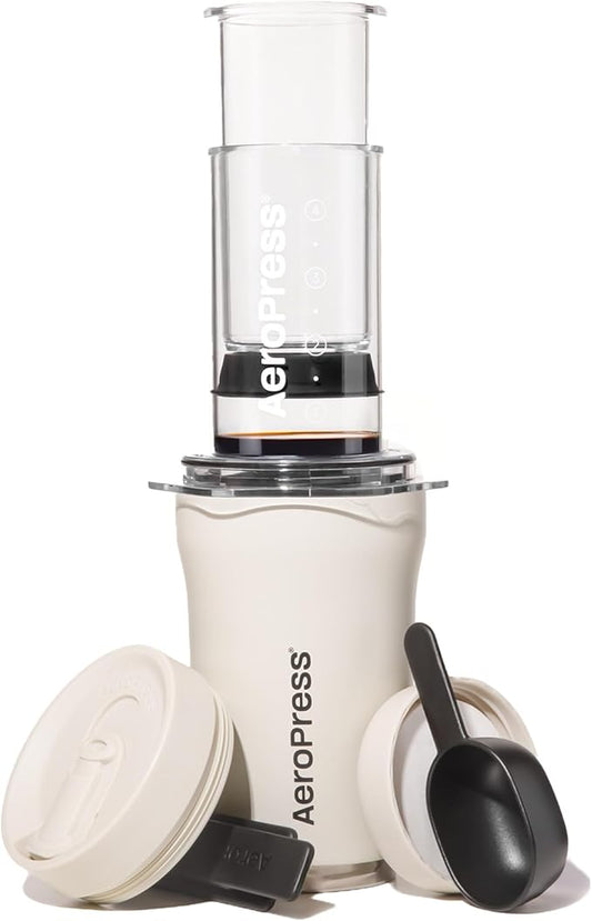 AeroPress Go Plus, Small Portable Coffee Maker for Travel & Camping - 3 In 1 Brew Method Combines French Press, Pourover, Espresso, Full Bodied Coffee without Bitterness, Coffee Press Kit - Cream