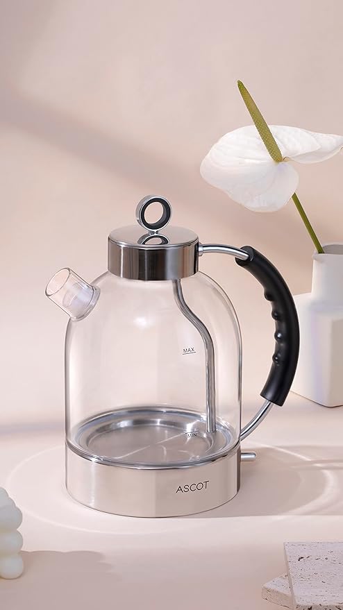 ASCOT Electric Kettle, Glass Electric Tea Kettle Gifts for Men/Women/Family 1.5L 1500W Borosilicate Glass Tea Heater, with Auto Shut-Off and Boil-Dry Protection (Silver)