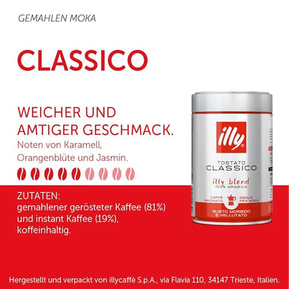 illy Ground Coffee Moka - 100% Arabica Flavored Coffee Ground - Rich Aromatic Coffee Grounds Profile – Classico Medium Roast - Notes of Caramel, Orange Blossom & Jasmine - No Preservatives – 8.8 Ounce