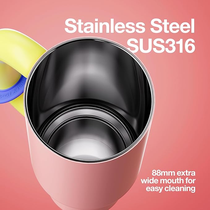 BaWang Insulated Stainless Steel Tumbler | Tumbler with Handle and Straw 33oz | Cup Holder Friendly for Travel | Leakproof Water Bottle | BPA-Free | 316 stainless steel liner| pink＆green