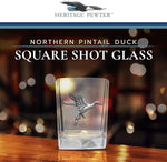 Load image into Gallery viewer, Heritage Pewter Pintail Duck Square Shot Glass | Hand-Sculpted 1.5 Ounce Shot Glass | Intricately Crafted Metal Pewter Inlay