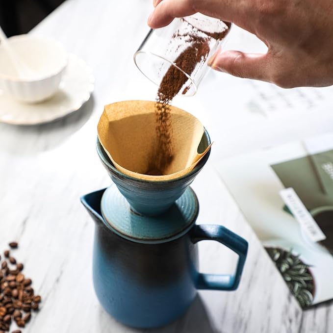 Pour Over Coffee Maker, Blue Ceramic Coffee Dripper 20oz/620ml, with 50 pcs V60 Paper Filter, Drip Coffee Brewer for Home & Café Enthusiasts, Vintage-Style