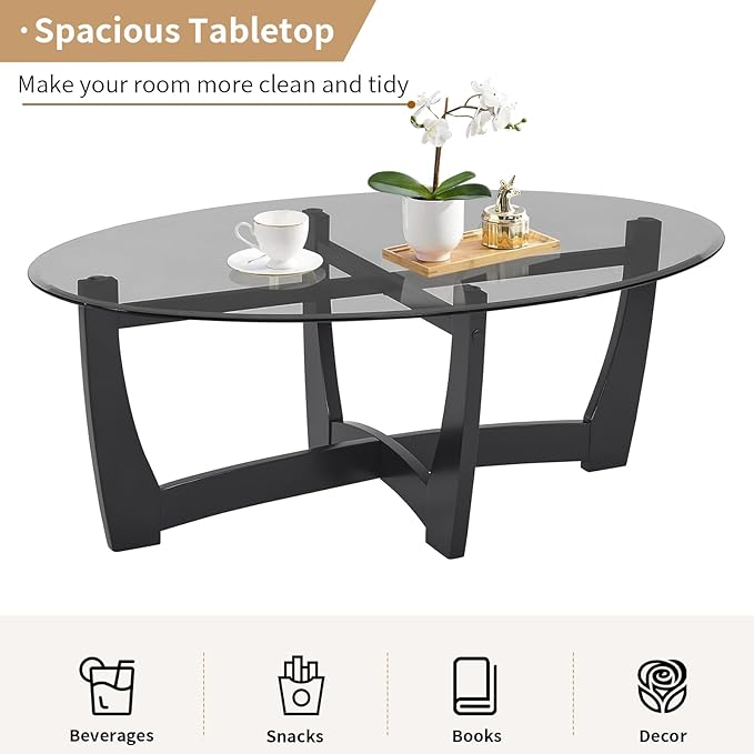 48" Oval Glass Coffee Table with Black Tempered Glass Top Cross and Solid Wood Base Simple & Modern Center Table for Living Room Office Apartment Black
