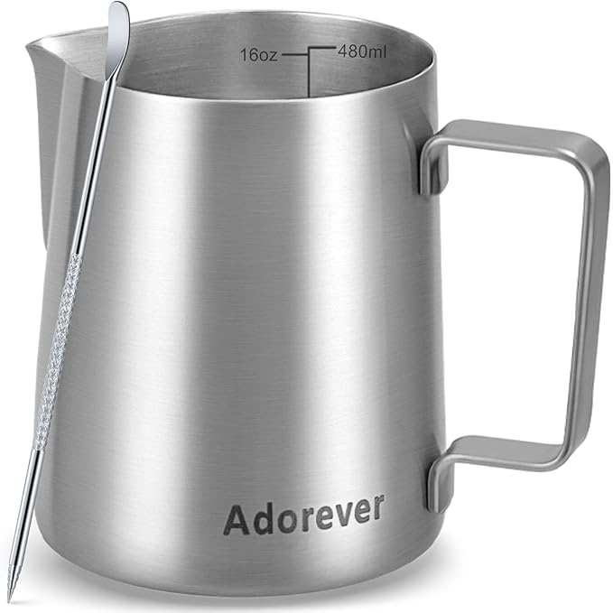 Milk Frothing Pitcher, 16oz Stainless Steel Milk Frother Cup Steaming Pitcher, Cappuccino Espresso Accessories Coffee Bar Barista Tools, Metal Steamer Cup Milk Jug with Latte Art Pen