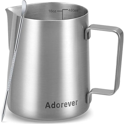 Milk Frothing Pitcher, 16oz Stainless Steel Milk Frother Cup Steaming Pitcher, Cappuccino Espresso Accessories Coffee Bar Barista Tools, Metal Steamer Cup Milk Jug with Latte Art Pen