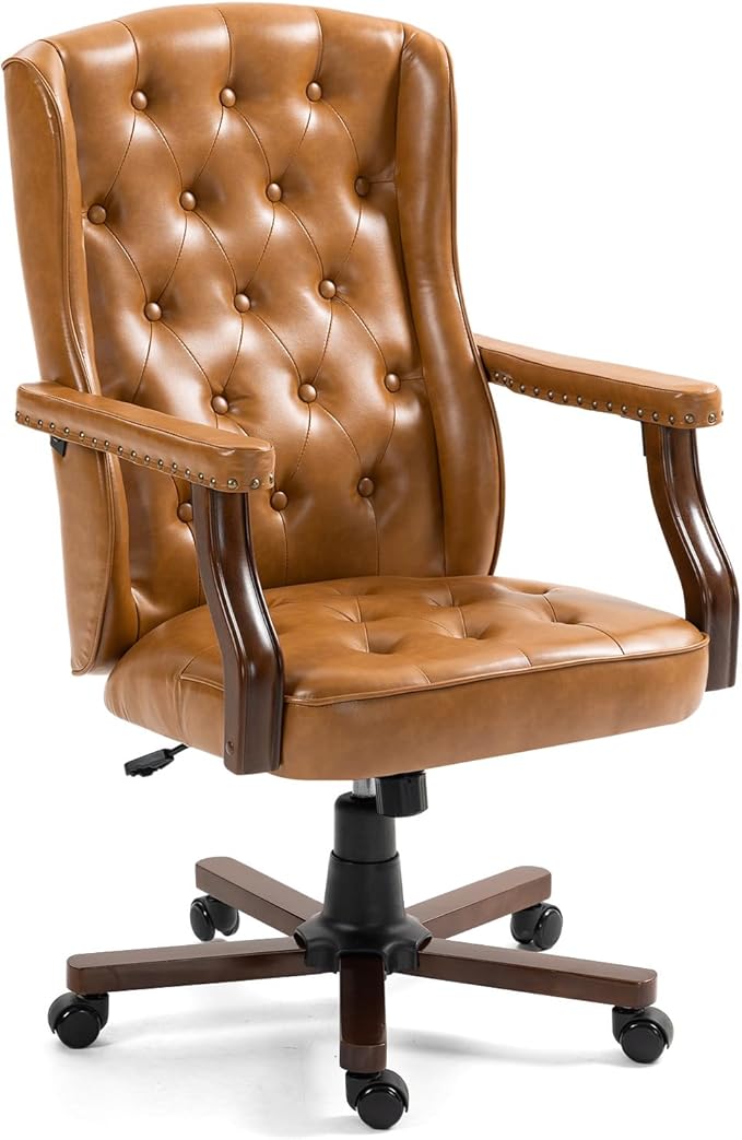 ECOTOUGE Ergonomic Executive Office Chair, Tufted Faux Leather Home Office Desk Chair, Vintage Wingback Swivel Work Chair, Classic Retro Computer Chair, Brown