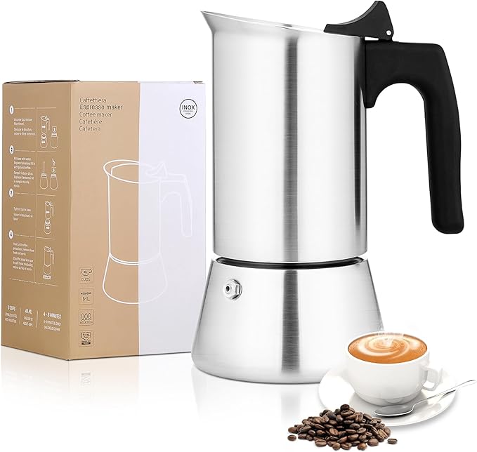Stovetop Espresso Maker Stainless Steel Moka Pot, 4 cup Espresso Coffee Pots 200ml/7oz(Espresso Cup=50ml/1.7oz), Italian Coffee Maker for Induction Cookers Hobs, Cafe Maker for Camping Home