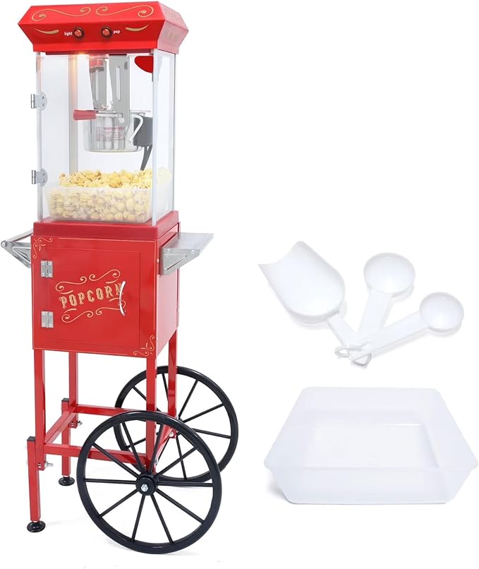 Commercial Popcorn Machine with Cart & 8 Oz Pot, Stainless Steel Vintage Style Popcorn Maker with Wheels, Lockers & Oil Spoon for Home Theater, Parties, Business
