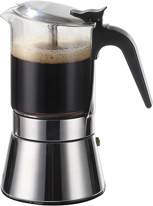 Stovetop Espresso Maker, Crystal Glass-top & Stainless Steel Espresso Moka Pot,Classic Italian coffee maker（360ml）