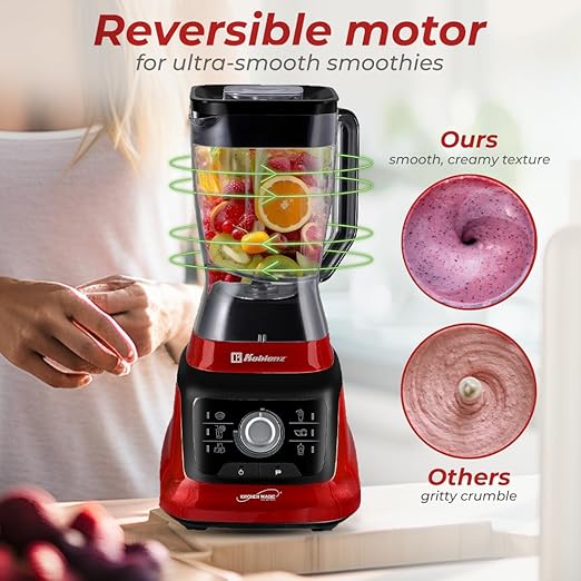 Koblenz Bob Blender, Countertop with Reversible motor, Speed Knob and 6 Functions, 1400-watt Motor, 68 oz. Capacity, Super Silent Operation, Includes 1 To-Go Cup and Tamper, Black/Red, LKM-9608
