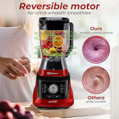 Koblenz Bob Blender, Countertop with Reversible motor, Speed Knob and 6 Functions, 1400-watt Motor, 68 oz. Capacity, Super Silent Operation, Includes 1 To-Go Cup and Tamper, Black/Red, LKM-9608