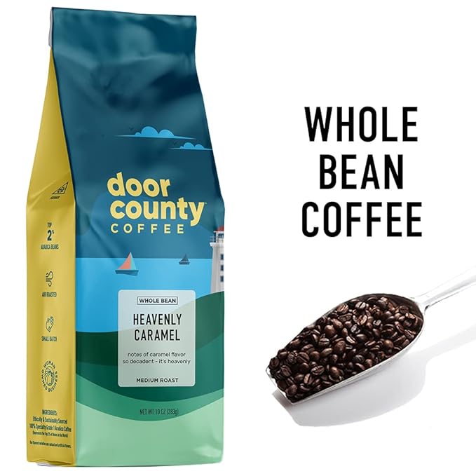 Door County Coffee Heavenly Caramel Flavored Whole Bean - 10 oz Bag - Medium Roast - 100% Specialty Arabica - Flavored Gourmet - Heavenly Caramel