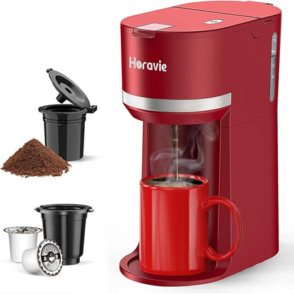 Mini Single Serve Coffee Maker for K Cup and Ground Coffee, Fast Brew One Cup Coffee Machine with Descaling Reminder and Water Window, 6 to 12 oz. Brew Sizes, Red