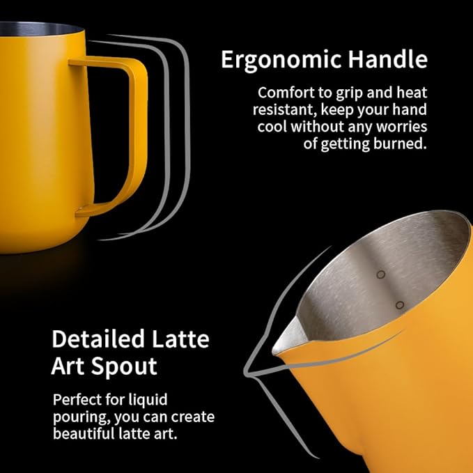 watchget Milk Frothing Pitcher 500ml/17oz Espresso Steaming Pitcher with Matte Yellow Coating Stainless Steel Milk Steamer Jug Milk Frothing Cup, Yellow