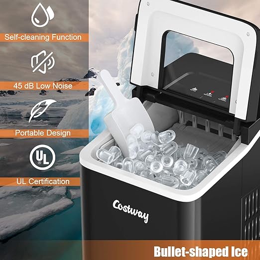 COSTWAY Countertop Ice Maker, 26Lbs/24H Portable Ice Machine with Self-Cleaning Function, Bullet Ice Cubes Ready in 8 Mins, Scoop and Removable Basket,Ice Maker for Home Party Bar, Black