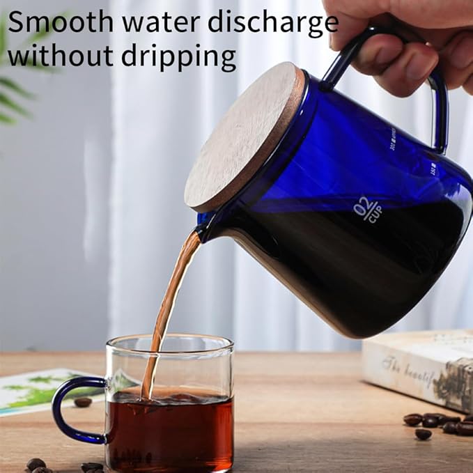 500ml Coffee Pot, Heat Resistant Borosilicate Glass Coffee Server, Glass Tea Pot with Wooden Lid Household Tea Kettle for Home Office (blue)