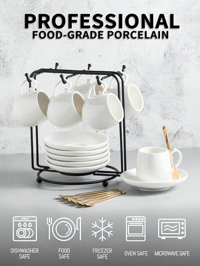 LYEOBOH Espresso Cups with Saucers Set, 3 Ounces Coffee Cups with Metal Stand and Spoons, Ceramic Cappuccino Coffee Cups Demitasse Cups for Espresso, Latte, Cafe Mocha and Tea, Set of 6, White