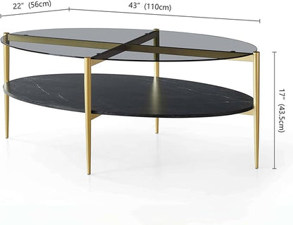 Oval Glass Coffee Table, Mid-Century Modern Design, L43 x W22 x H17 inch, Surfboard Shaped Grey Glass Top and Black Marble Finish Wood Shelf, Tapered Legs with Gold Finish Frame