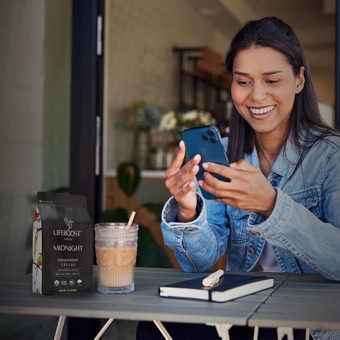 Lifeboost Midnight French Roast Coffee Ground - Non-GMO Single Origin USDA Organic Low Acid Coffee French Roast - Third Party Tested For Mycotoxins & Pesticides - 12 Ounces