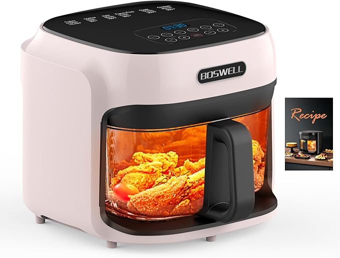 BOSWELL Glass Air Fryer, 7.5 QT with Transparent Fry Bowl, Circulating Heating, Temperature Control, Stainless Steel Air Fryer Roast, Dishwasher Safe (white)