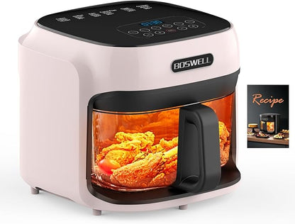 BOSWELL Glass Air Fryer, 7.5 QT with Transparent Fry Bowl, Circulating Heating, Temperature Control, Stainless Steel Air Fryer Roast, Dishwasher Safe (white)