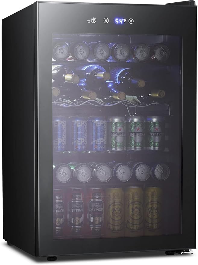 Kismile 4.5 Cu.ft Beverage Refrigerator and Cooler,126 Can Mini Fridge Glass Door with Digital Temperature Display for Soda,Beer or Wine,small Drink Dispenser Cooler for Home,Office or Bar (Black)