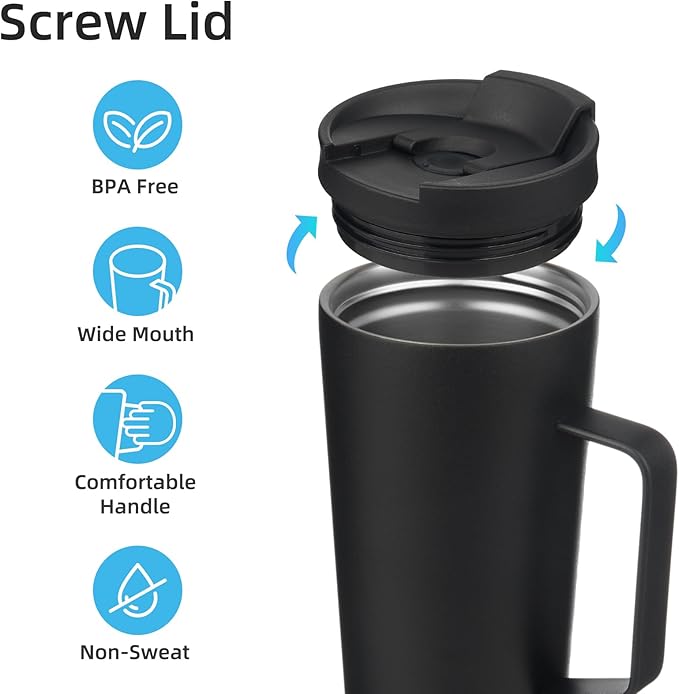 Insulated Tumbler with Handle and Straw, 26 OZ Travel Coffee Mug Stainless Steel Cup Metal Water Bottle,Black