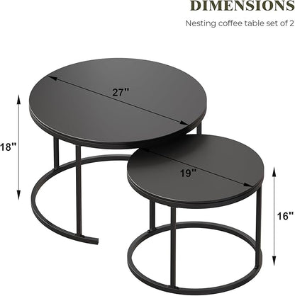 Round Nesting Coffee Table, Black Modern Decorative Coffee Center Table Set of 2, Sintered Stone Coffee Table for Living Room with Sturdy Metal Frame.