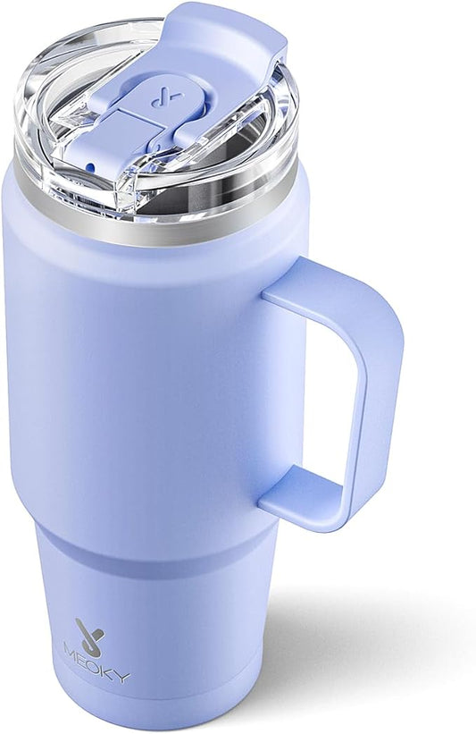 Meoky 32 oz Tumbler with Handle, Insulated Tumbler with Lid and Straw, Stainless Steel Travel Mug, 100% Leak Proof, Keeps Cold for 24 Hours or Hot for 8 Hours, Fits in Car Cup Holder (Lilac)