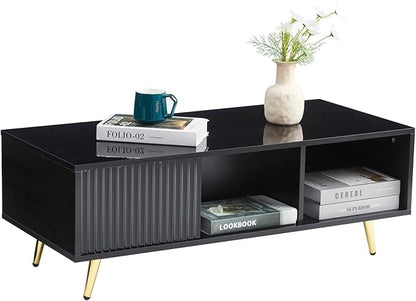 COSVALVE 41.3IN LED Black Coffee Tables for Living Room with 16 Colors LED Lights, Modern Minimalist Coffee Table with Fluted Panel, Rectangle Center Table Game Table