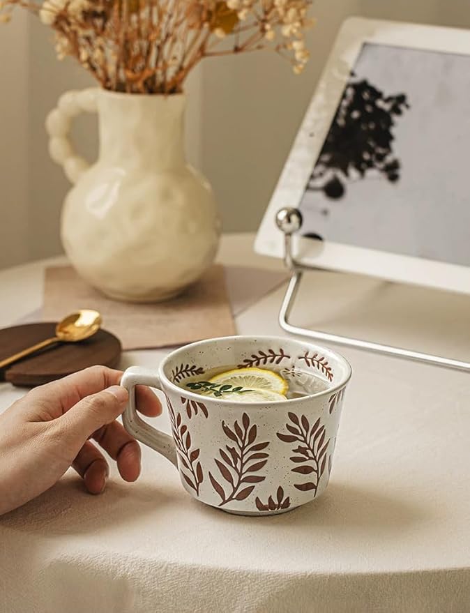 Ceramic Mug 1pcs, 11oz - Vintage Coffee Mug, Pottery Cups for Milk, Latte, Cappuccino, Tea - Porcelain Dishwasher, Microwave Safe Stoneware 1 PCS Olive Black Leave Set of 1