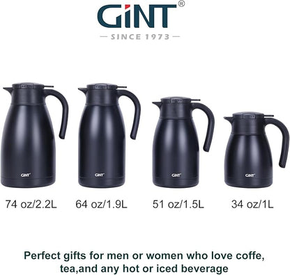 GiNT 1.9L / 64Oz Thermal Coffee Carafe, Insulated Stainless Steel Coffee Carafes for Keeping Hot/Double Walled Vacuum Thermal Carafe (Black)