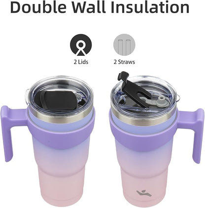 20 oz Tumbler with Handle and 2 Straw 2 Lid, Insulated Water Bottle Stainless Steel Vacuum Cup Reusable Travel Mug,Pastel Sunset